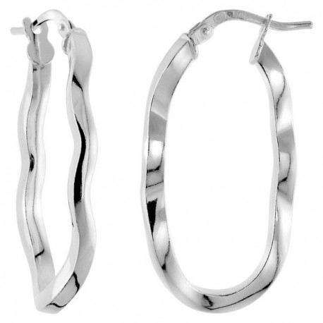 Sterling Silver Oval Hoop Earrings Wavy Square Tube Post Snap Closure