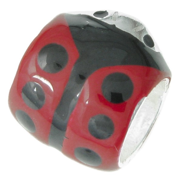 .925 Sterling Silver Ladybug Ladybird Insect Black Red Enamel Tube Bead For European Charm Bracelets - CC11IZW0EZN