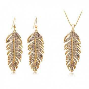 Dlakela "The Wing of Love" Crystal Pave Alloy Feather Pendant Necklace Earrings Set - Golden - CY11NJEL8X9