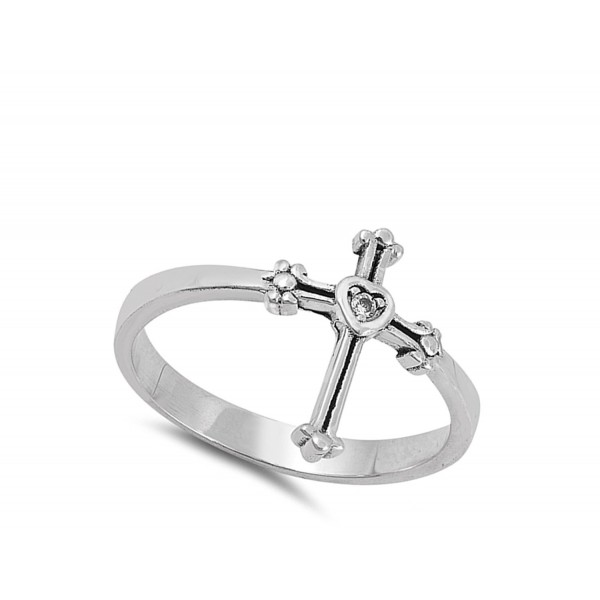 Solitaire Clear CZ Heart Cross Ring Sterling Silver Christian Band ...