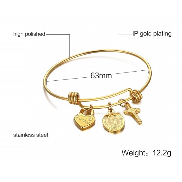 Stainless Steel Virgin Mary and Cross Charm Bangle Bracelet-Gold Plated ...