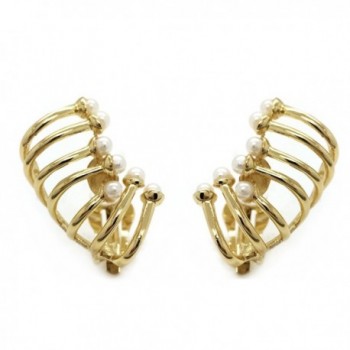 Ear Climber Clip On Earrings Cage Wrap Crawler Gold Plated Simulated Pearl - CS12BLD228T
